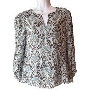 Tory Burch Silk Blouse Size 2 Blue Brown Art Nouveau Print Long Sleeve Boho Top
